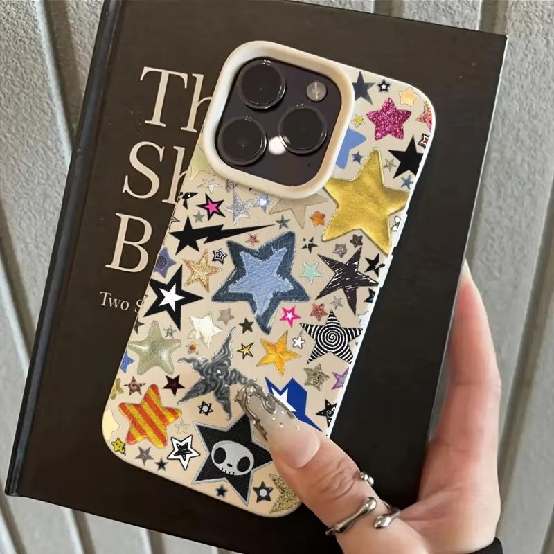 Stylish And Colorful Star-Pattern Phone Case For iPhone 17 Pro Max 16 Plus 15 Pro 14 13 12 11 XR 17Air Lychee Textur Soft Cover