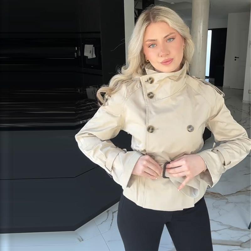 Stand Up Collar Lace-up Short Trench Coat Women's Long Sleeve Double Breasted Thin Slim Jacket Commuter Windbreaker 2025 Autumn Coatwear