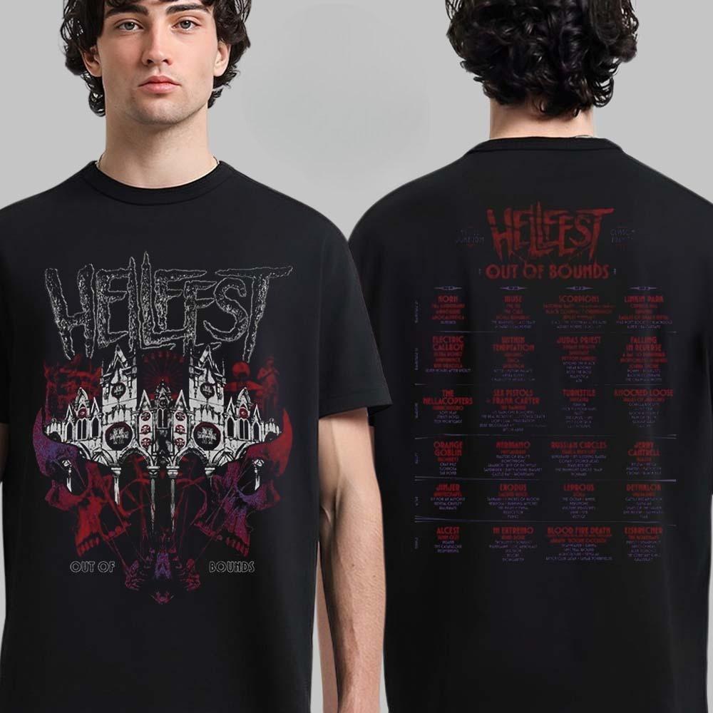 Bästa Hellfest 2025 Out of Bounds Merchandise Clisson Frankrike den 19-22 juni 2025 med Lineup Skyline Dubbelsidig Unisex T-shirt