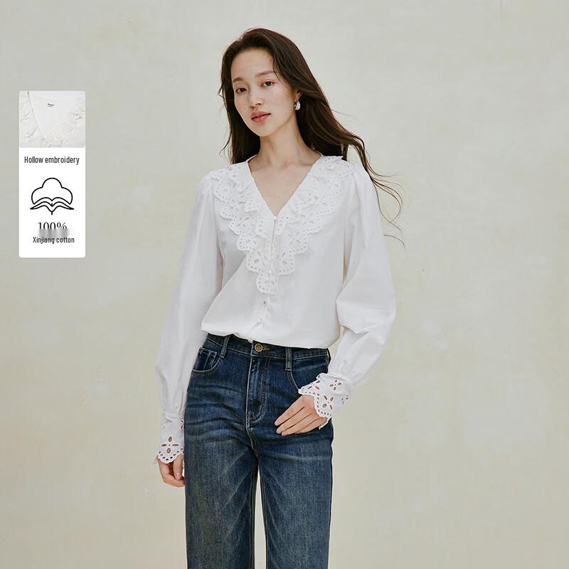 INMAN Women s French Style Xinjiang Cotton V-neck Blouse M