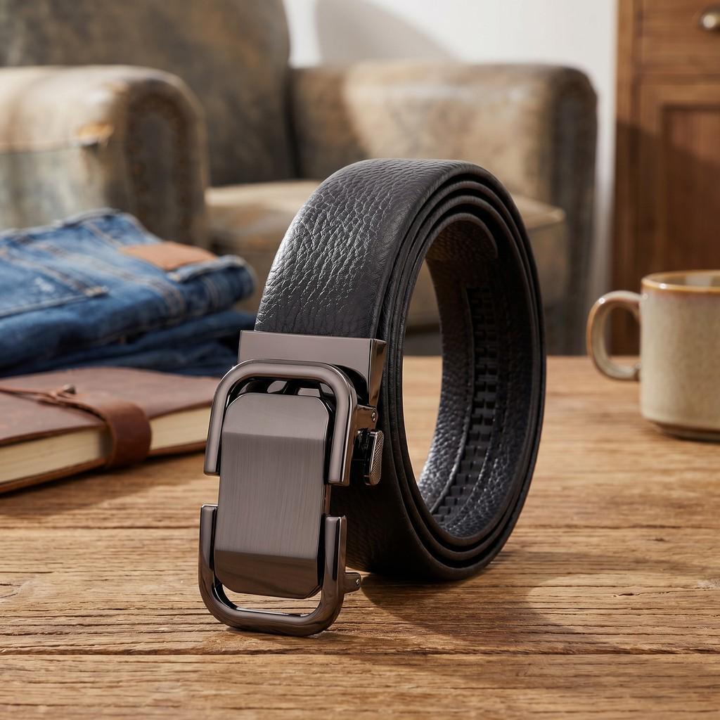 Versatile Men's Top Layer Cowhide Leather Belt with Automatic Buckle