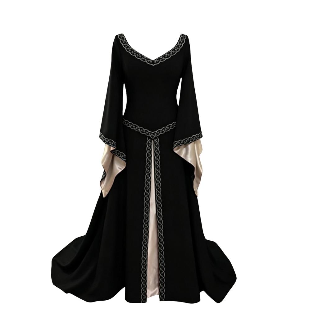 Women's Long Sleeve V-Neck Embroidered Flare Sleeve Fitted Dress