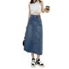 Design Sense Denim Skirt Leather High Waisted A-line Mid-length Skirt Casual Straight Back Open Fork Package Hip Bustier Skirt Female Denim Skirt