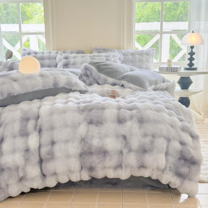 Winter Rabbit Fur & Milk Velvet Four-Piece Bedding Set with Fleece Duvet Cover - High GSM, Perfect for Dormitory.