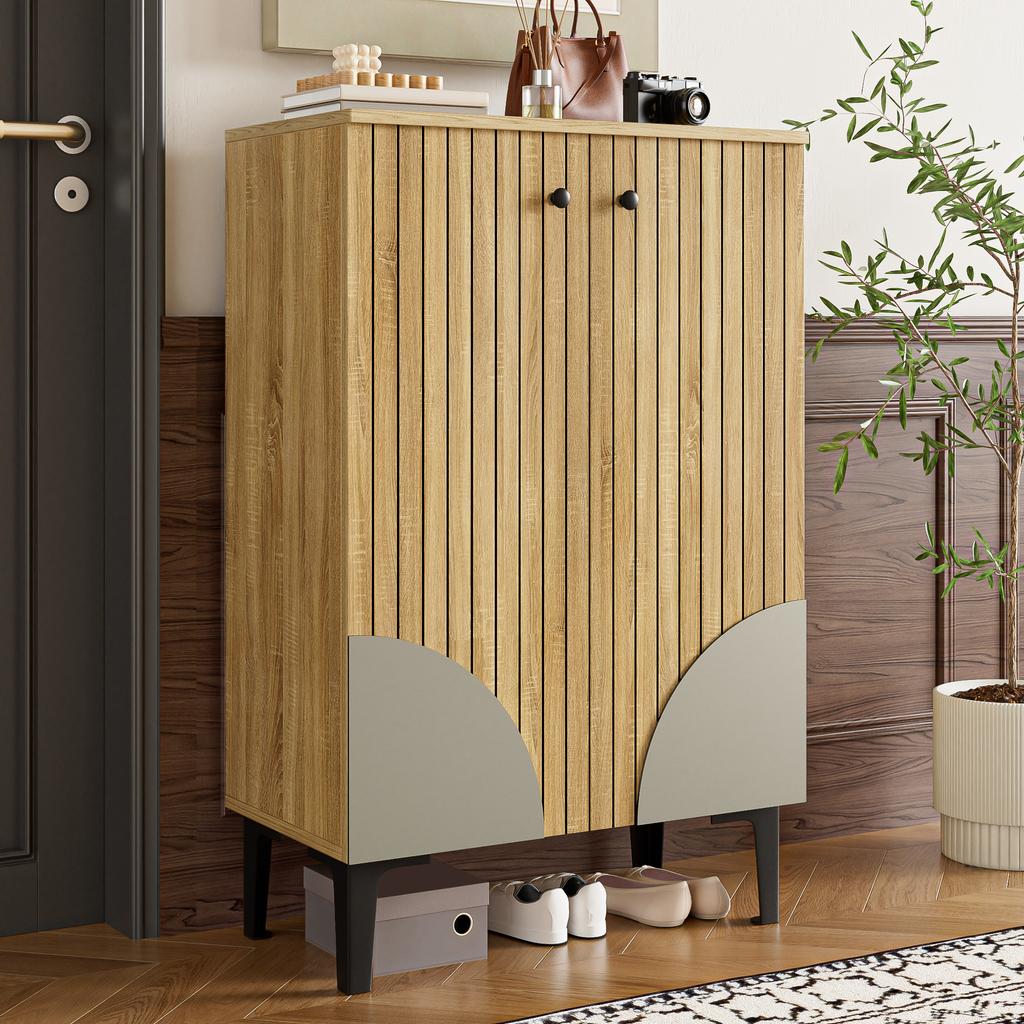 Modern Wooden Shoe Cabinet with Doors – Space-Saving Shoe Organizer with Shelf Compartments, Storage & Black PVC Frame, Elegant Design for Hallway