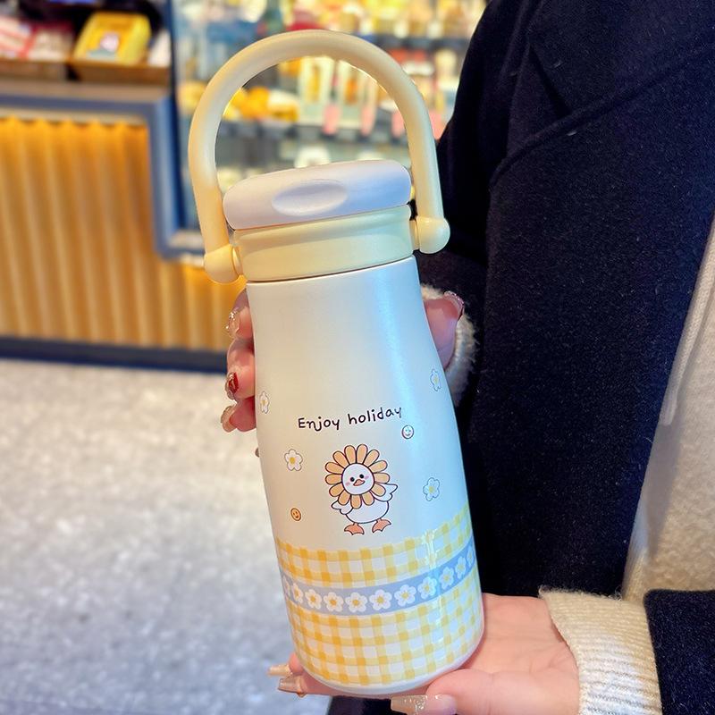 Kawaii Welpen Thermos Wasserflasche mit Strohhalm Niedlicher Edelstahlbecher für Heiß Kalt Kaffee Tee Tragbarer Thermobecher 600ml