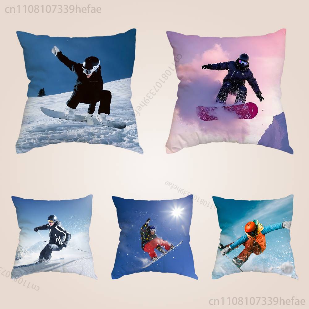 Snowboarding Sport Funny Pillow Case Antidustmite Pillowcase Invisible Zipper Silky Short Plush Sofa Cushion Cover