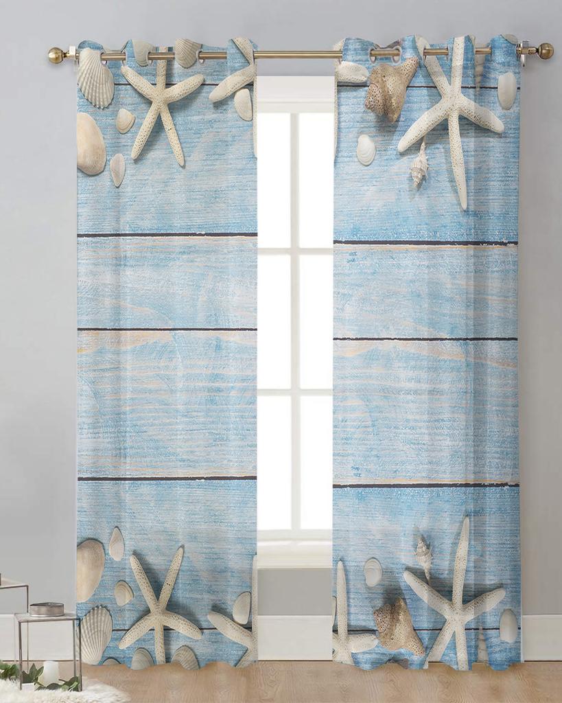 Beach Starfish Blue Wooden Texture Sheer Curtains for Living Room Decoration Window Curtains Kitchen Tulle Voile Curtains