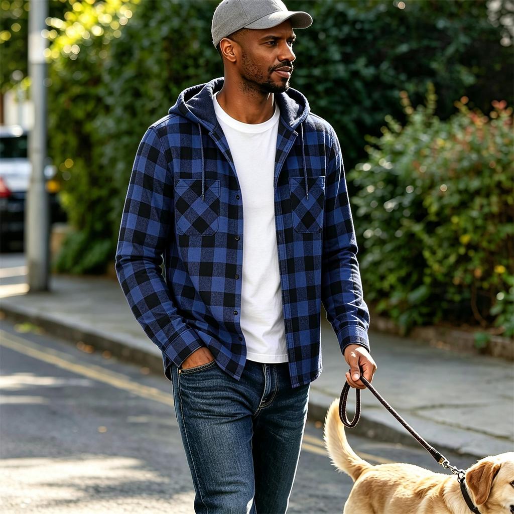 Men's Plaid Flannel Hoodie Fashion Casual Long Sleeve Pullover Sweatshirt with Hood