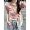 V-Neck Color Block Short Sleeve Two-Piece Look T-Shirt for Women