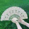 Vintage Style Folding Fan with Lace Trim And Tassel Pendant Elegant Fabric And Bamboo Handheld Fan Hollowed Hand Fan for Wedding Party Home Decor