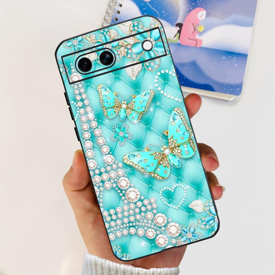 Black Matte Silicone Back Cover For Google Pixel 8A Painting Case Cartoon Lovely Cat Butterfly Flower Bumper Google 8A Soft Etui