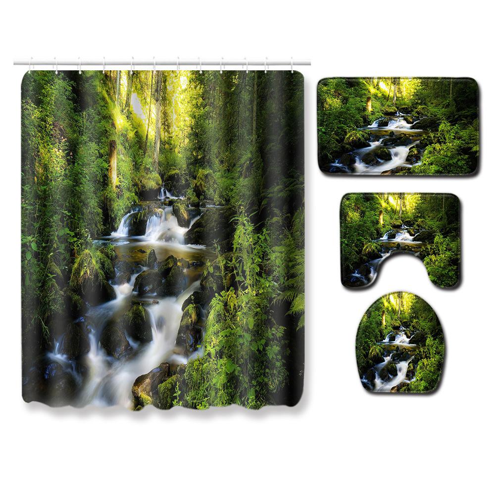 Landscape Shower Curtain Floor Mat Combination Four-Piece Set Bathroom Floor Mat Household Door Mat Bedroom Living Room Carpet