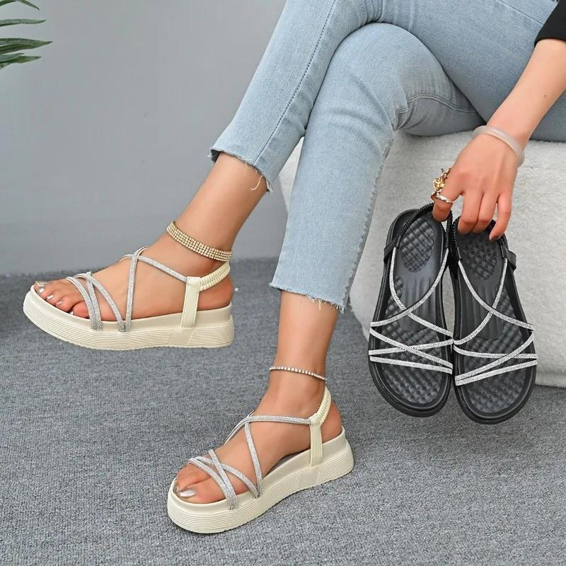 Fashion 2025 Ladies Shoes Elastic Band Women's Sandals FashionOpen Toe Casual Sandals Women Summer Crystal Best Seller Platform Sandals