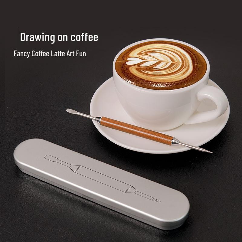 Pear Wood Coffee Latte Art Needle with Stainless Steel Hook for Milk Foam Drawing