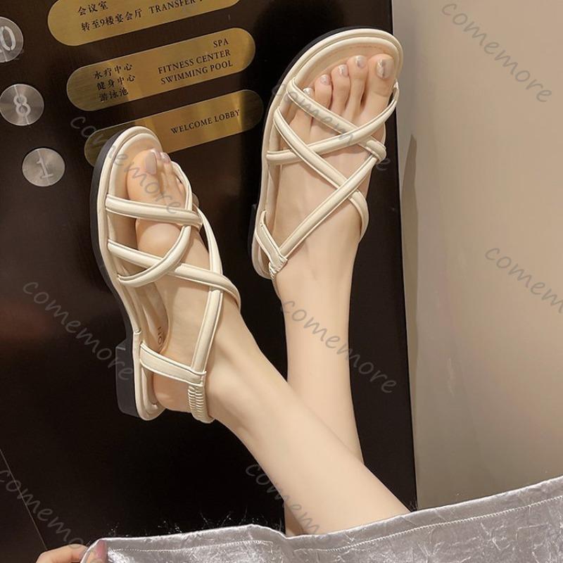 Fashion Comemore 2025 Summer New Flat Sandals Women Cross Strap Open Toe Elastic Women Shoes Casual Solid Beach Soft Bottom Sandales