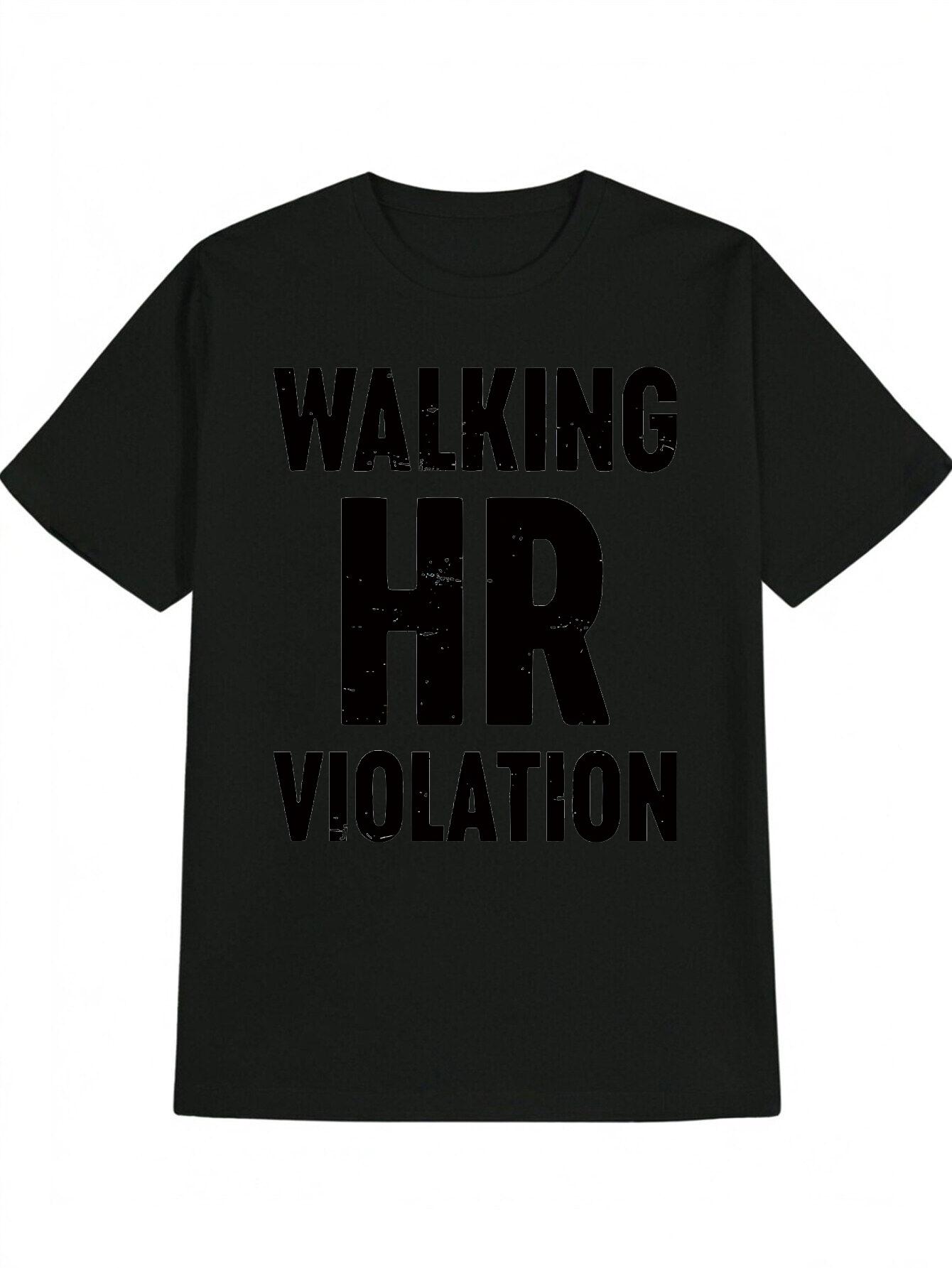 Casual Crew Neck T-shirt with WALKING HR VIOLATION Print - Black S