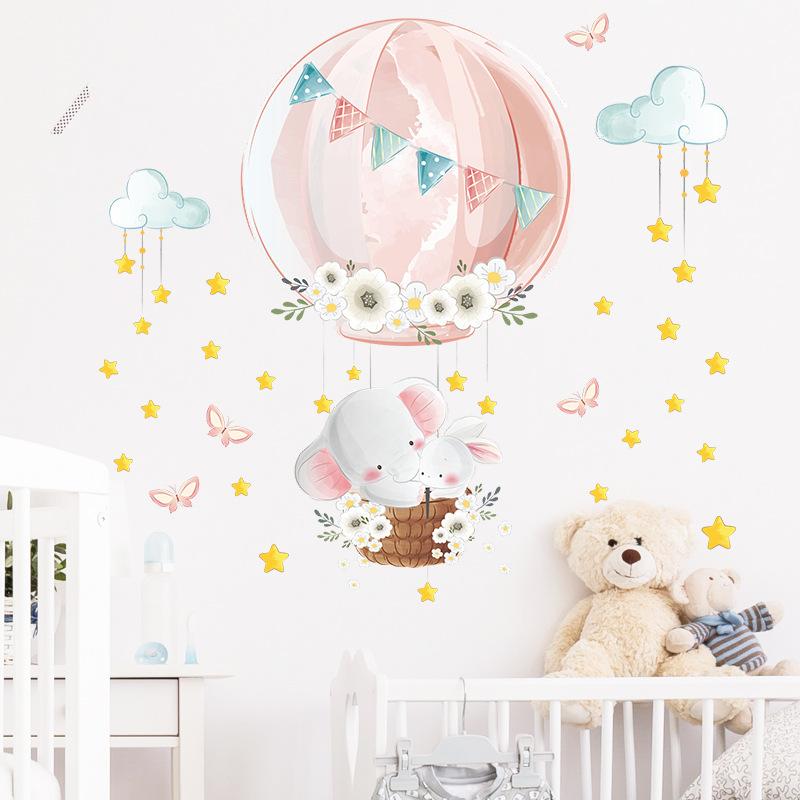 Cartoon Elephant Bunny Hot Air Balloon Wall Stickers, Removable Nursery Kids Room Entrance Wall Decor