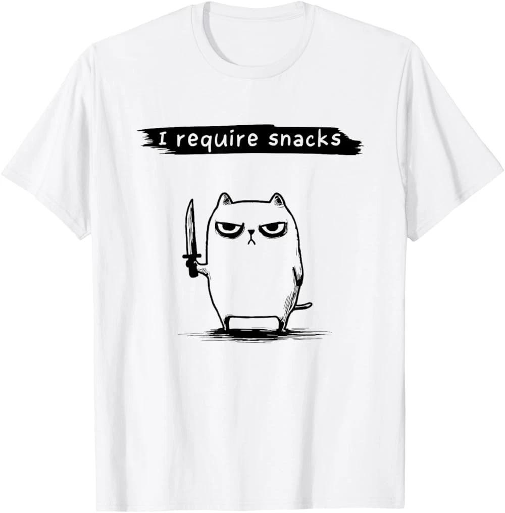RARE! Funny Cat Meme I Require Snacks Cat Humor Design T-Shirt 3XL