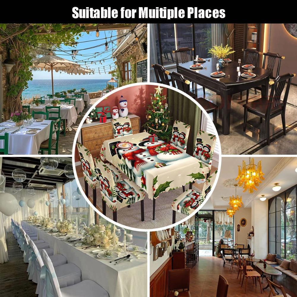 Christmas Santa Print Waterproof Polyester Tablecloth and Chair Covers Set for Dining Room