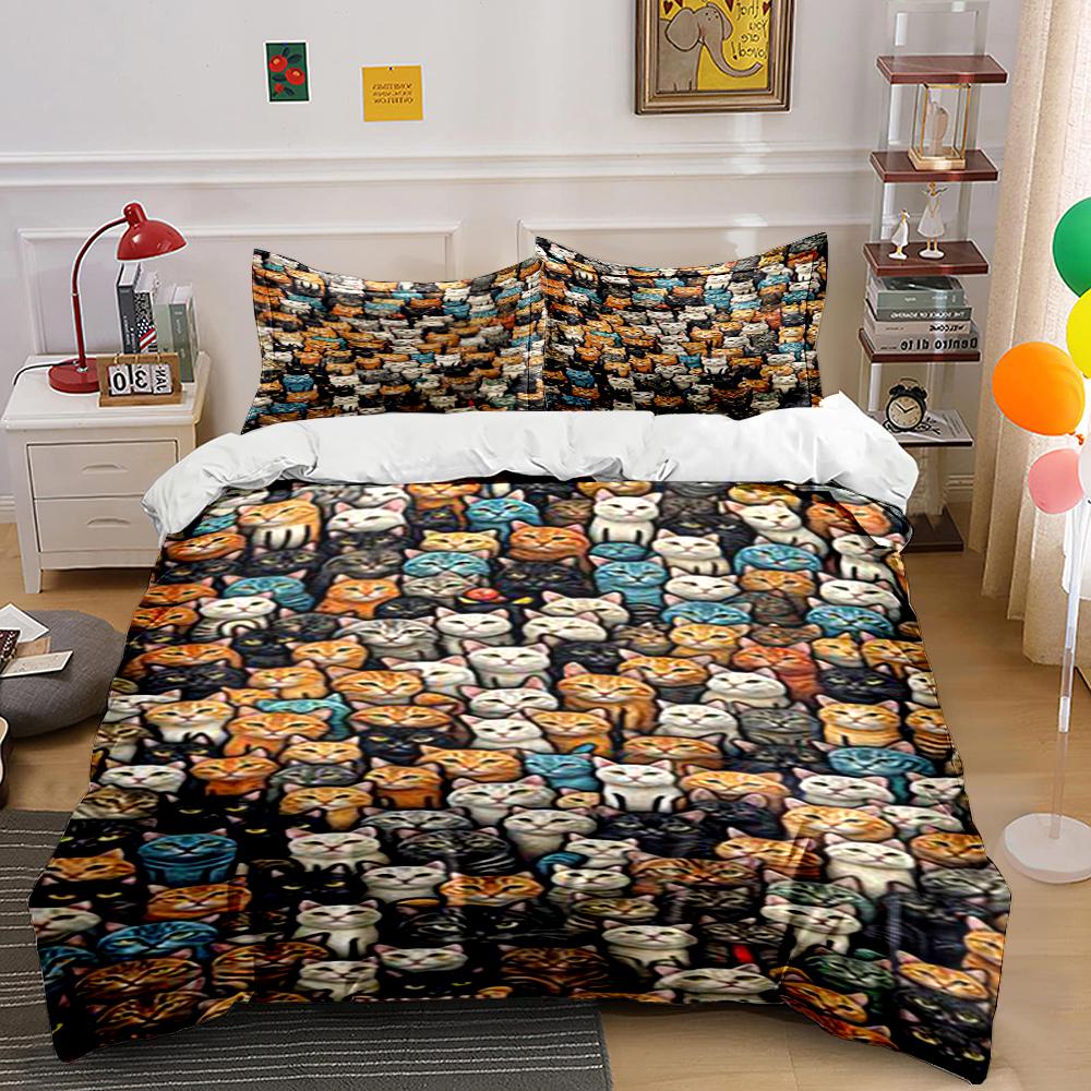 Colorful Cat Faces Pattern Bedding Set Bedding set (1 duvet cover, 2 pillowcases, duvet not included)