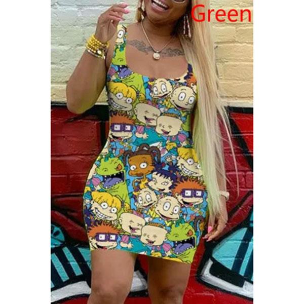 

Женское Летнее Сексуальное Повседневное Платье-Майка С Принтом Rugrats, Приталенное, Многоцветное S зелёный