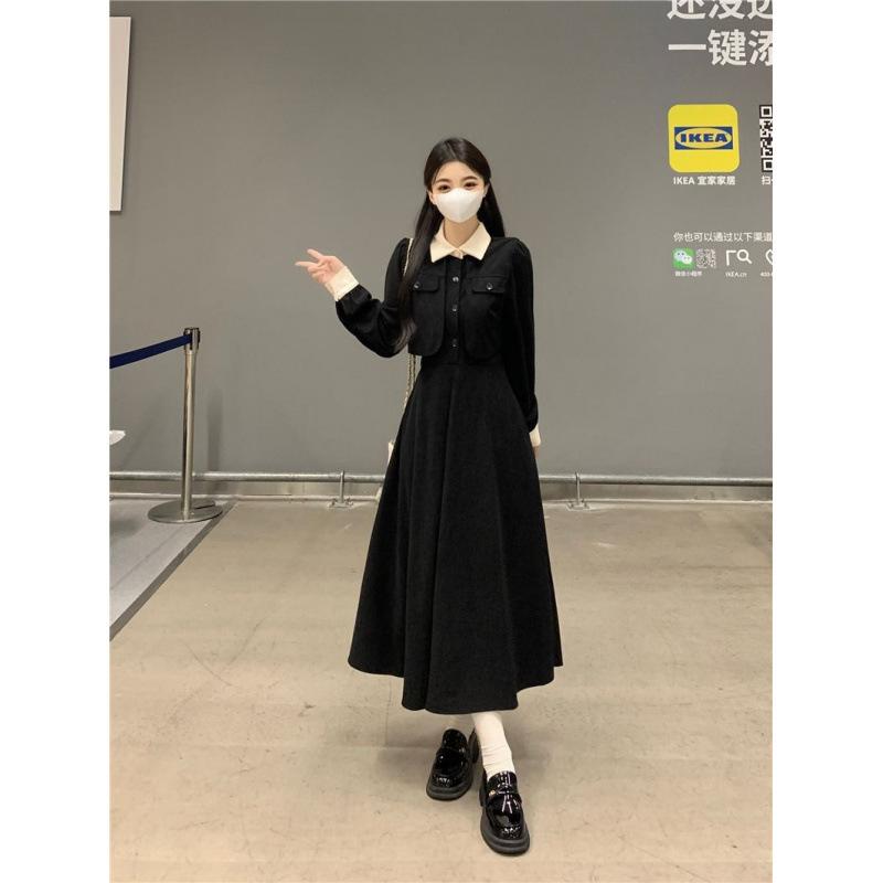 Contrast Color Lapel Temperament Waist Line Fake Two-piece Skirt High-end Niche Corduroy Dress Women