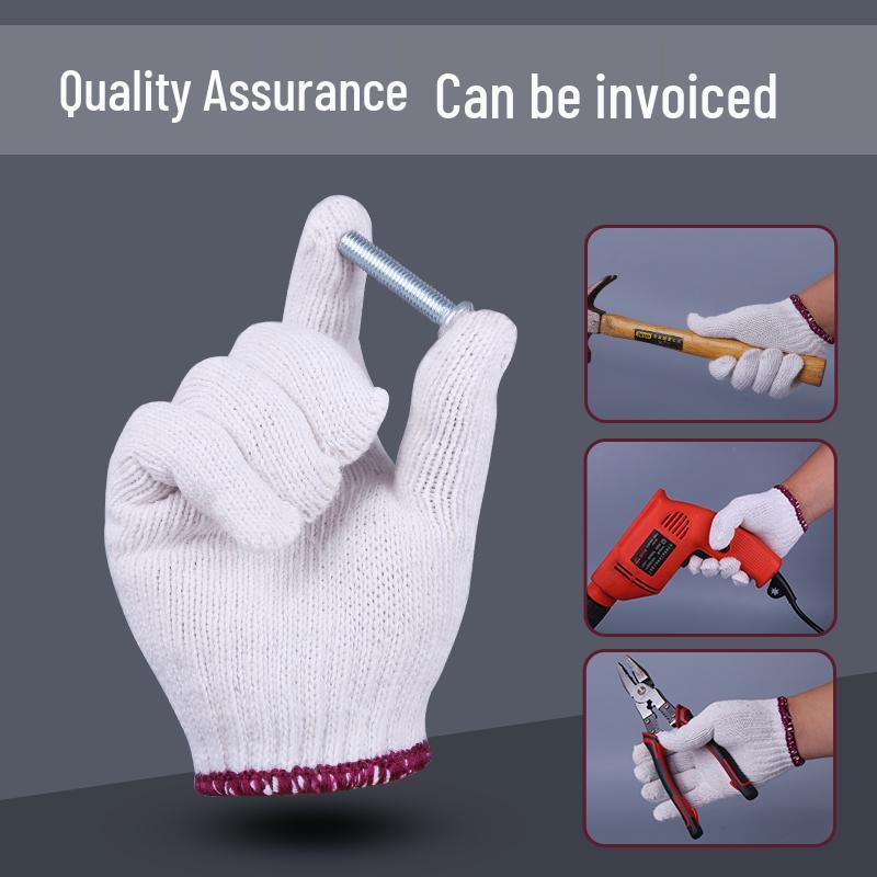 Off-White Thickened Pure Cotton Work Gloves - Durable, Wear-Resistant Labor Protection for Construction Workers