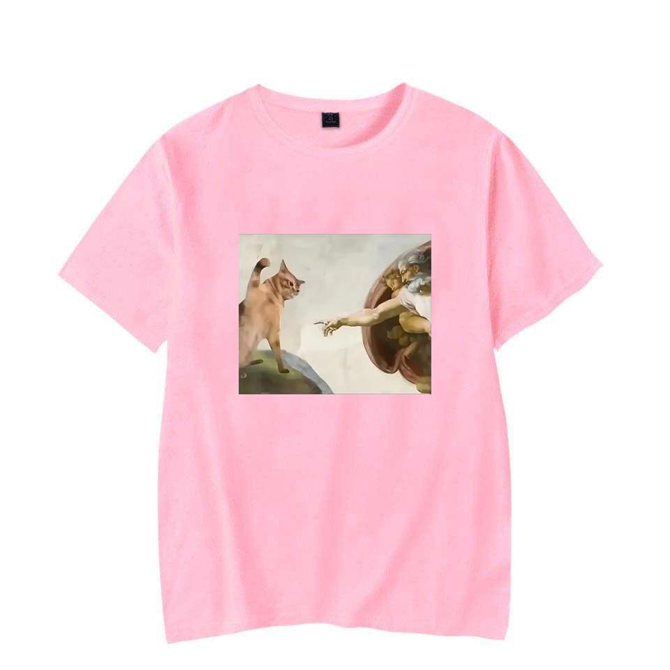 Lustiges Katzen Gott Adam Schöpfung Meme Muster Unisex Damen T-Shirt Lässig Kurzarm Jesus Bild Unisex T-Shirt Rundhals Tee Tops