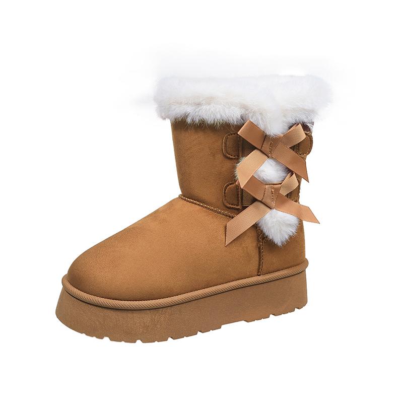 Slip-on Round Toe Winter Snow Boots Mid Heel Solid 2025 New Ladies Shoes Ankle Flat with Sewing Butterfly-knot Women's Boots