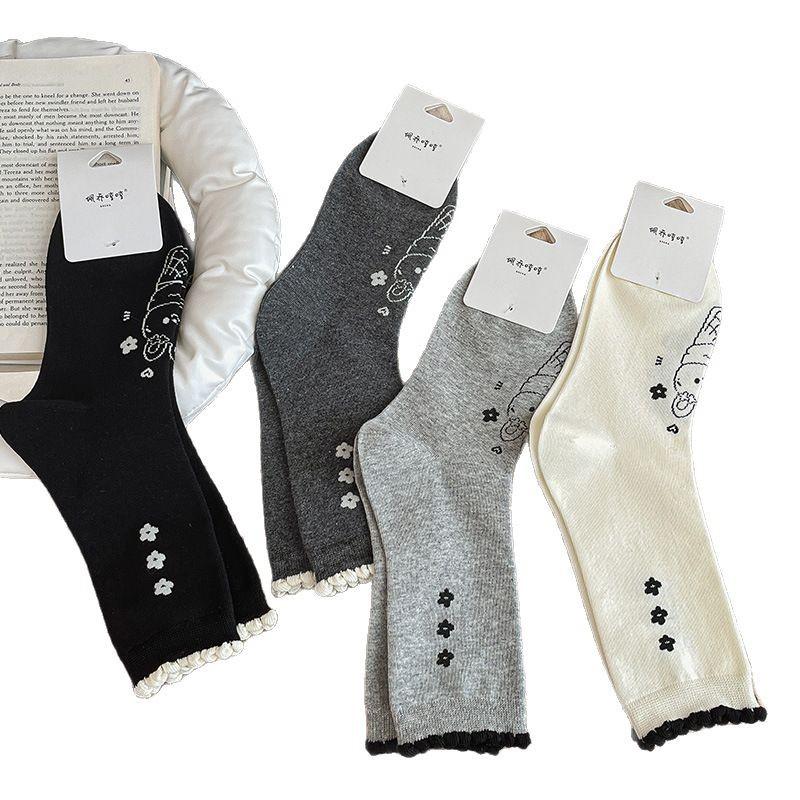 Socks Three-Flower Cartoon Rabbit Socks Korean Gray Lace Pile Stocking Socks