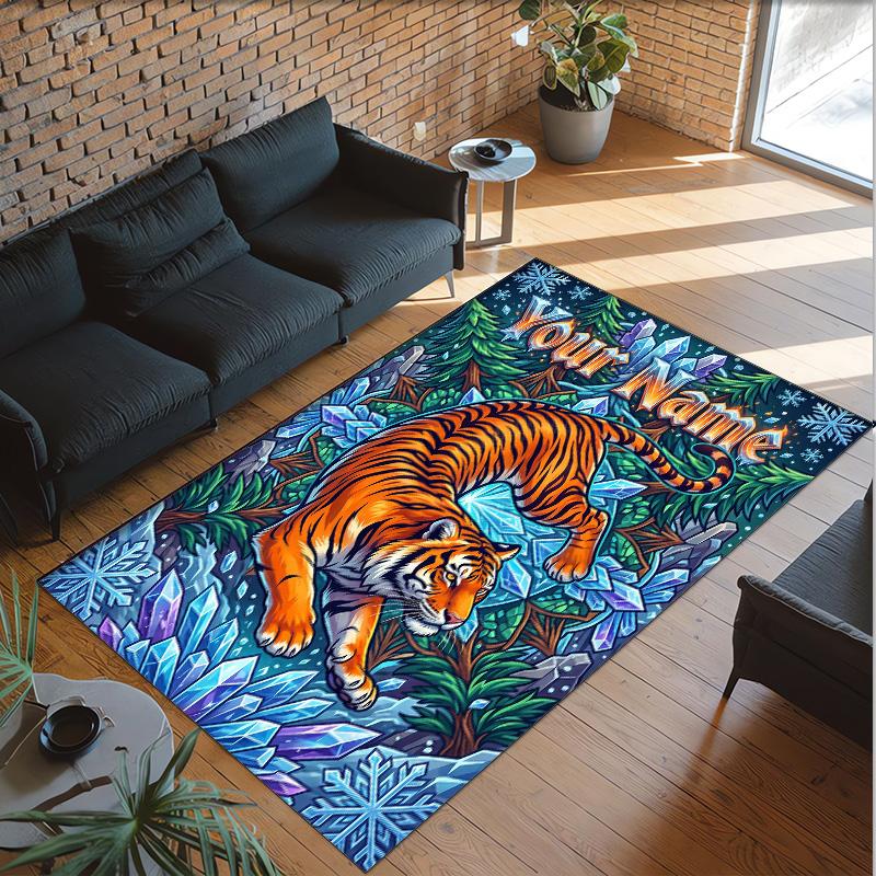 Leopard Theme Crystal Velvet Floor Rug Personalized Custom Name Text Warm Carpet Home Decoration