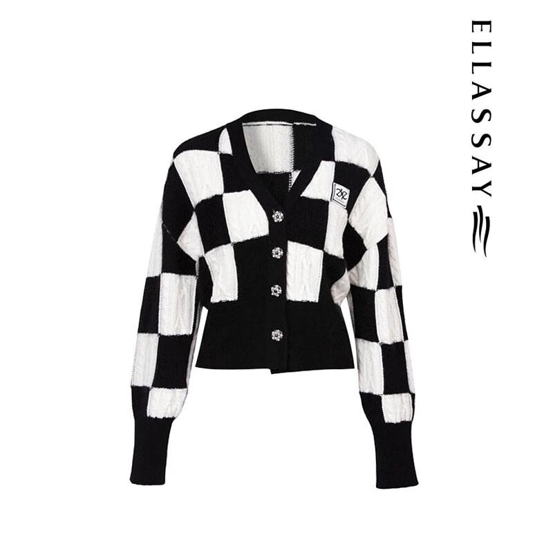 ELLASSAY Women's Black & White Plaid Wool-Cashmere Knit Sweater