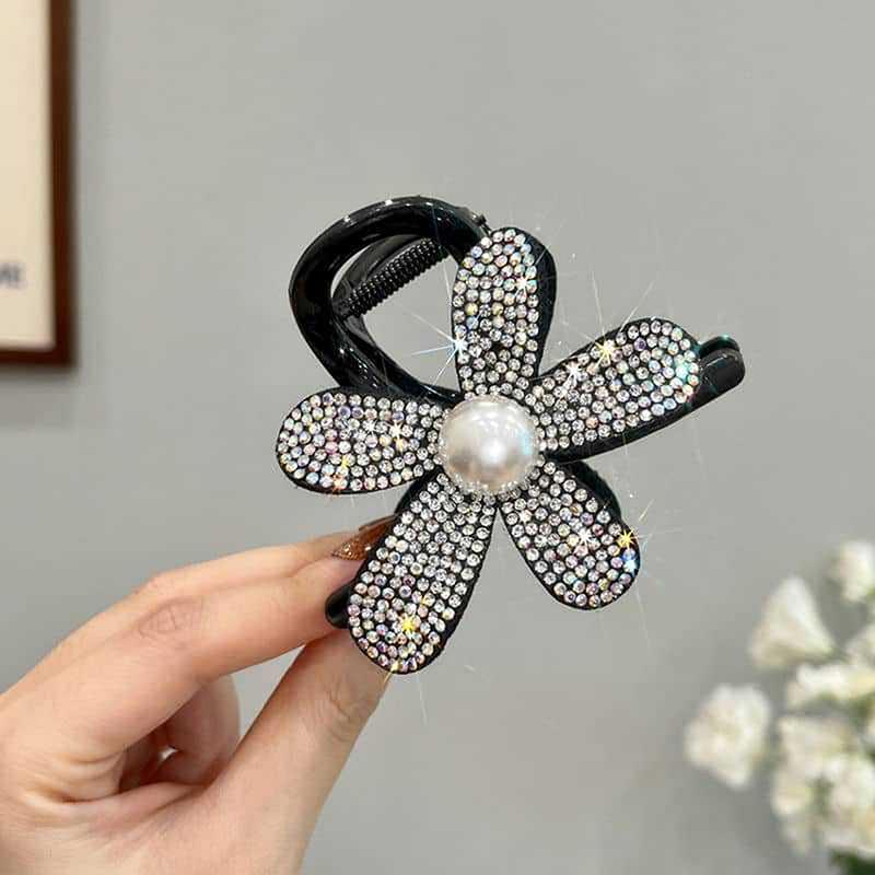 Shiny Flower Hair Claw Clip Headwear Elegant Black Ponytail Shark Clip Hairgrips For Ladies Hair Accessories