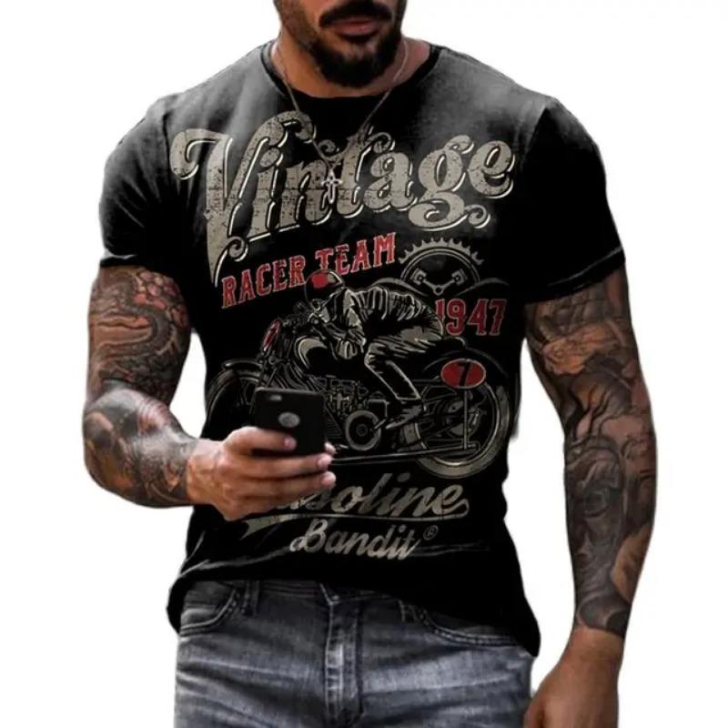 Vintage Men's T-shirts 3D Retro Print Short Sleeve Letter Tops Fashion Oil T Shirt For Mens Motorcycle T-shirts Oversized Tees