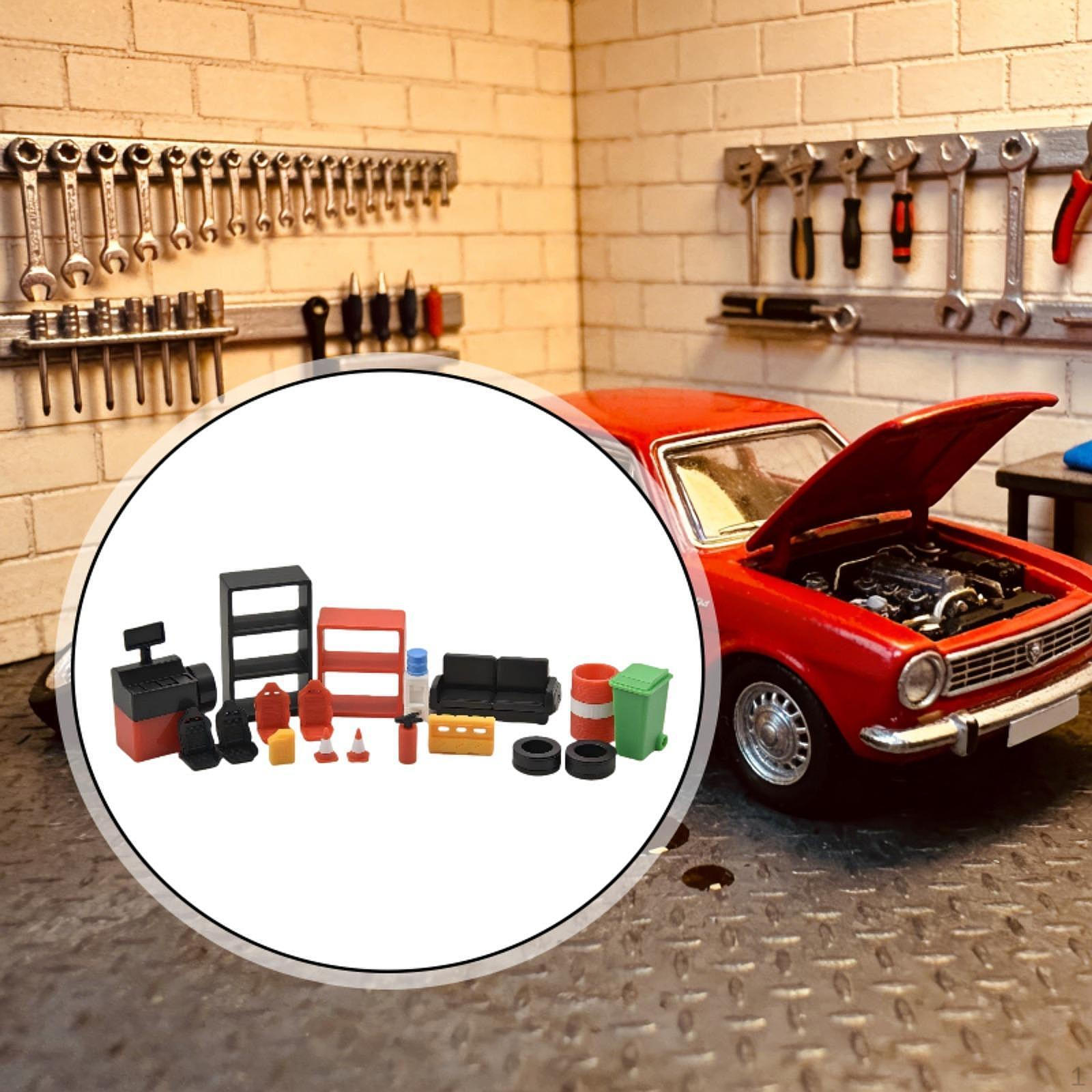 

1/64 Auto Repair Tool Model Realistic Micro Garage Scene Decor Mini Car Maintenance 18Pcs
