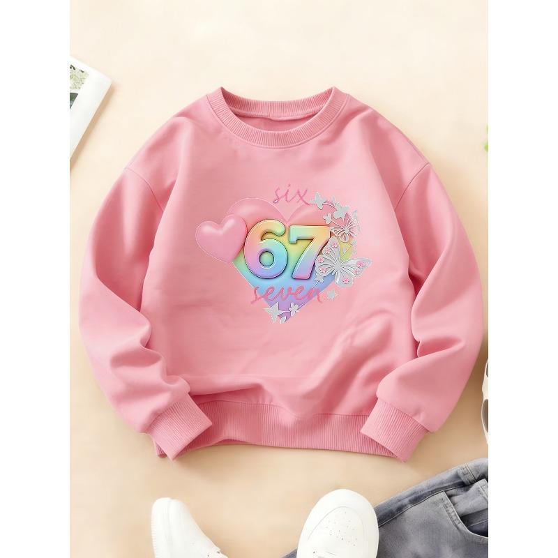 Kids Crewneck Sweatshirt, Fun Birthday Graphic with Rainbow Hearts & Number 67 Print Long Sleeve Top
