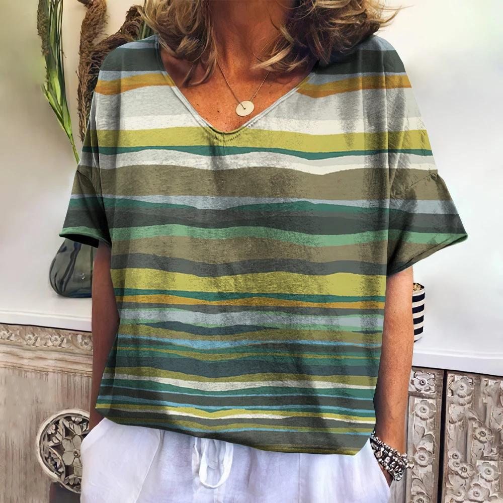 Vintage Women's T-Shirts Striped Print Summer Short Sleeve Tees Fashion Casual Tops Women Streetwears Loose Female Clothing