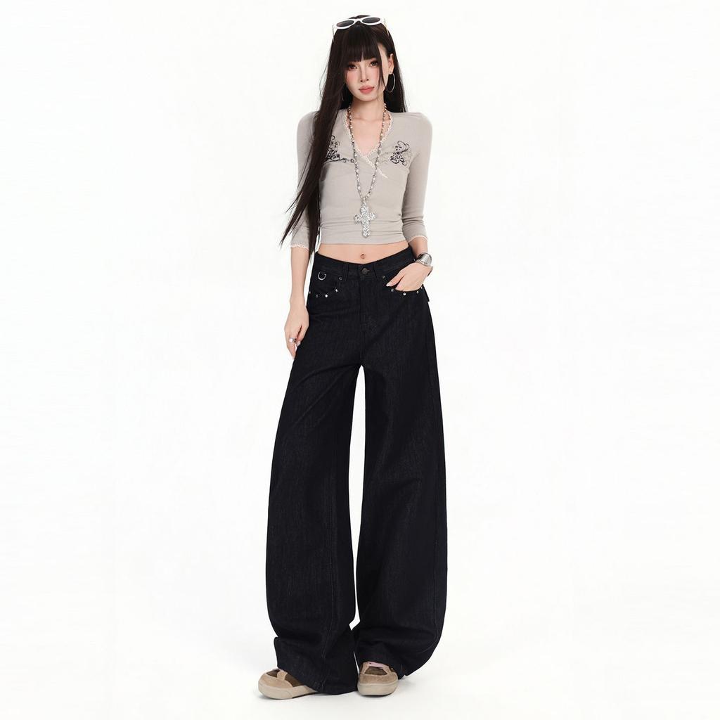 Design Rivet Wide Leg Jeans Women's Autumn and Winter Anti-Fading American Denim Black Loose Wide Leg Pants Children's