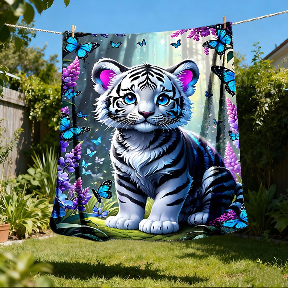 1 st Tigertema Fantasy Garden Pläd Polyesterfiber, Lätt Flanell, Mjuk & Varm, Användning Året Runt för Utomhusbruk, Camping Digitaltryck