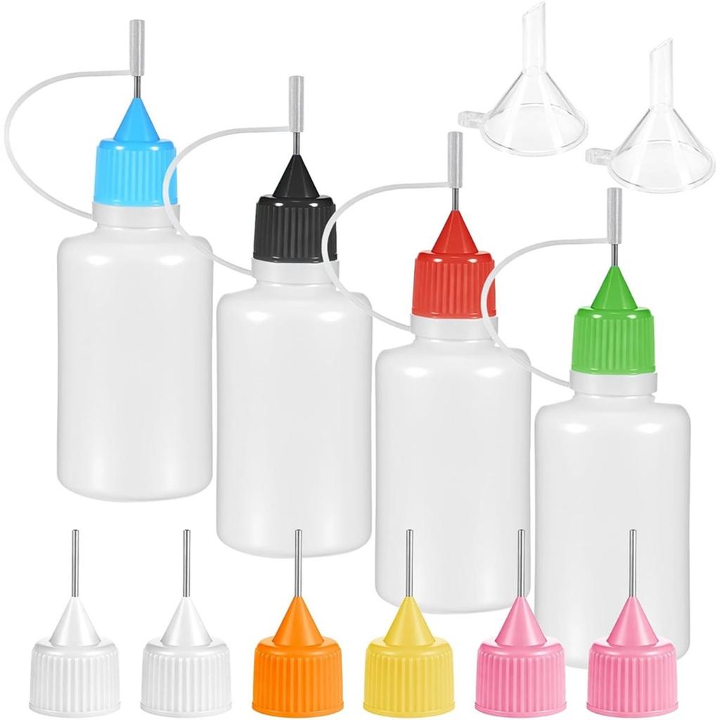 4Pcs Tip Applicator Bottle with 2 Mini Funnel Multicolor Lids, 30ML/1 OZ Tip Glue Bottles, for DIY Craft Painting