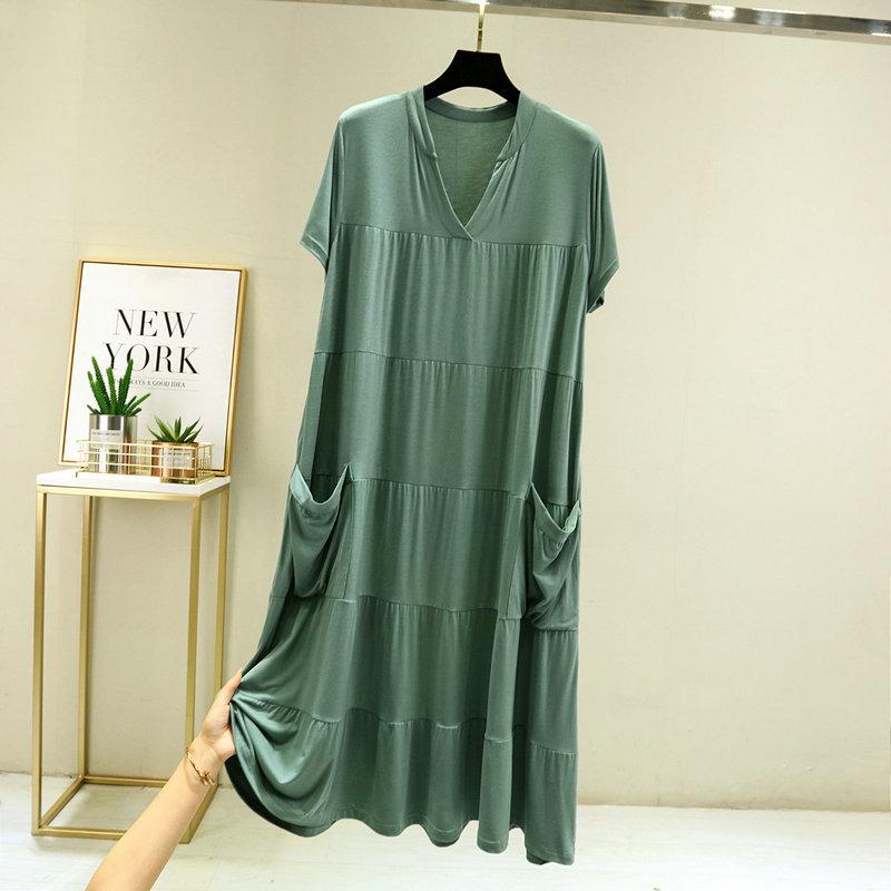 

Женская ночная сорочка-платье из модала свободного кроя в корейском стиле с карманами - Большой размер, с короткими рукавами, воротник-стойка Extra Large