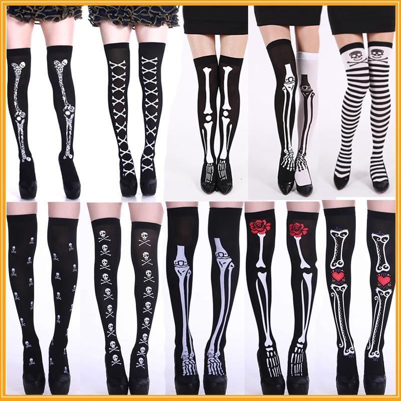 Skeleton Halloween Silk Stockings Woman Black Knee High Socks Ghost Props House