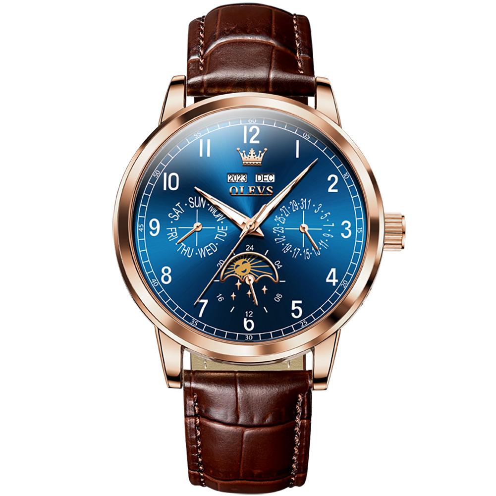 OLEVS 6698 Leder Arabische Ziffern OEM-Logo Multifunktional Mondphase Automatische Mechanische Uhr für Herren