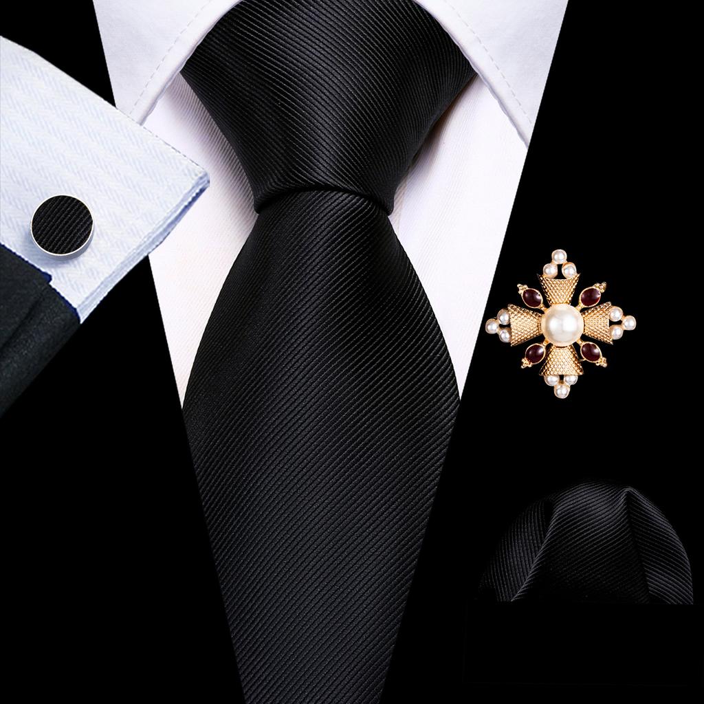 Pearl Brooch with Silk Tie for Men Vintage Floral Teal Necktie Hanky Cufflinks Gift Formal Set