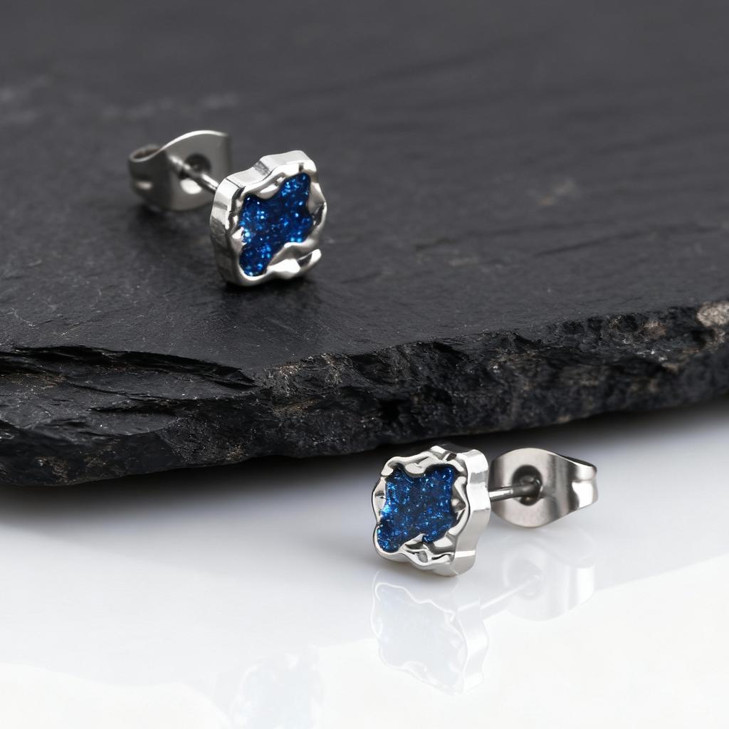 Hiphop Enamel Stud Earrings for Men Boys,Blue Black Stone Irregular Metal Piercing Stud Earring,Simple Unisex Chic Jewelry Gift