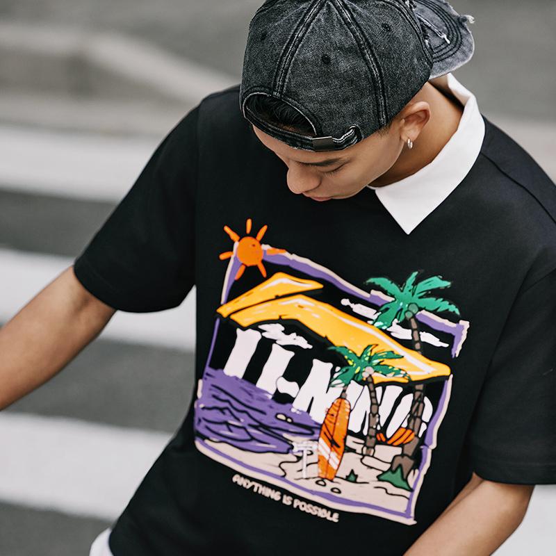 Li-Ning Pánské tričko s krátkým rukávem a kulatým výstřihem s potiskem ručně kresleného vzoru, cool a pohodlné, černé AHSU713-1