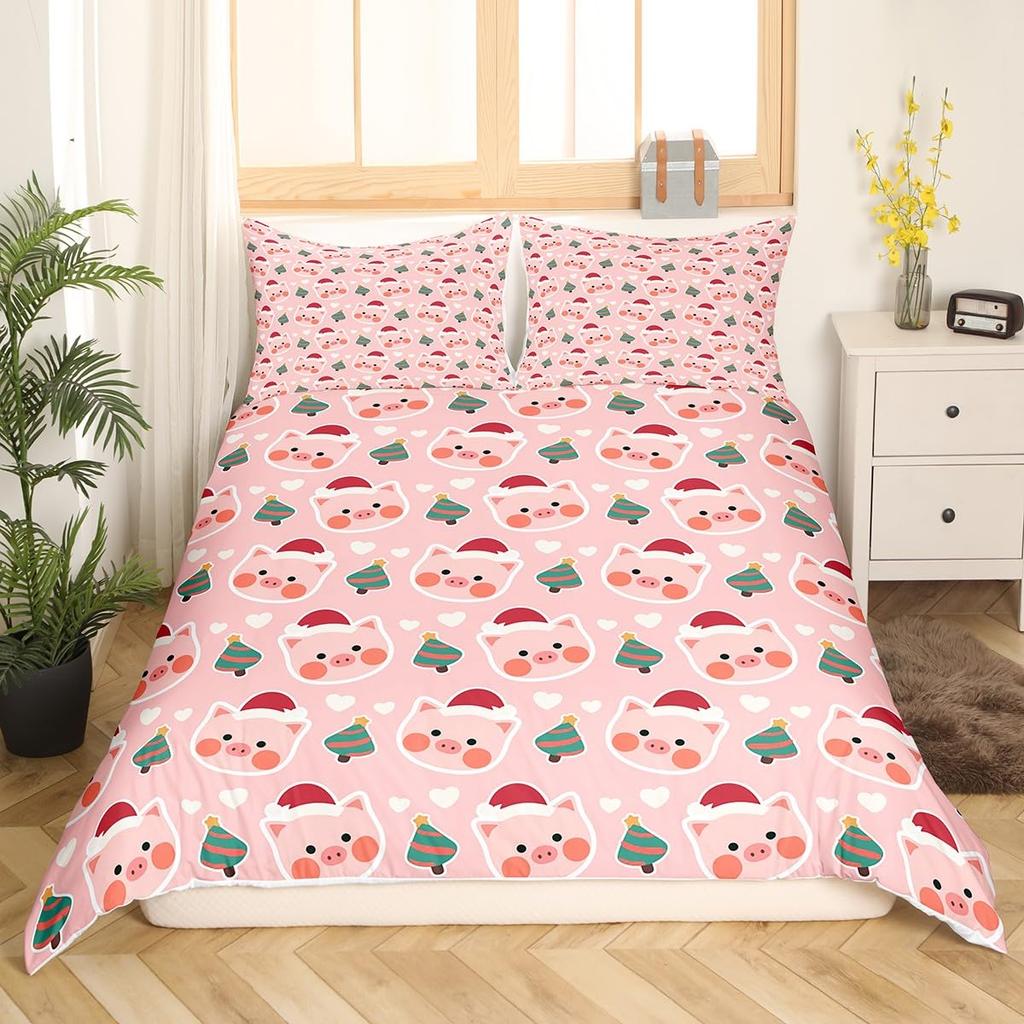 Rozā cūciņas gultas veļas komplekts King Queen Guļošas cūciņas segas pārvalks bērniem, zēniem, meitenēm, Kawaii dzīvnieku segas pārvalks ar 2 spilvendrānām