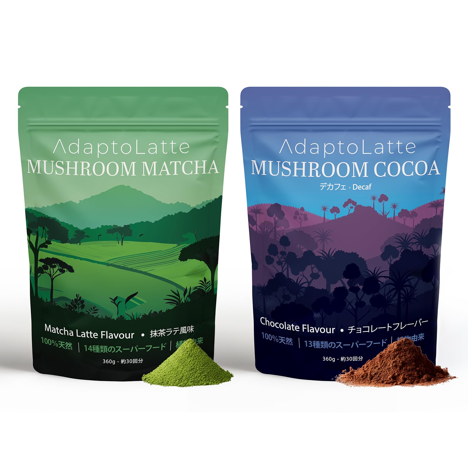 

AdaptoLatte Decaf Matcha 360g x 2 Coffee Adaptogen Cordyceps Mushroom [Official] 2-Flavor Set (Cocoa) & (Mushroom Powder)