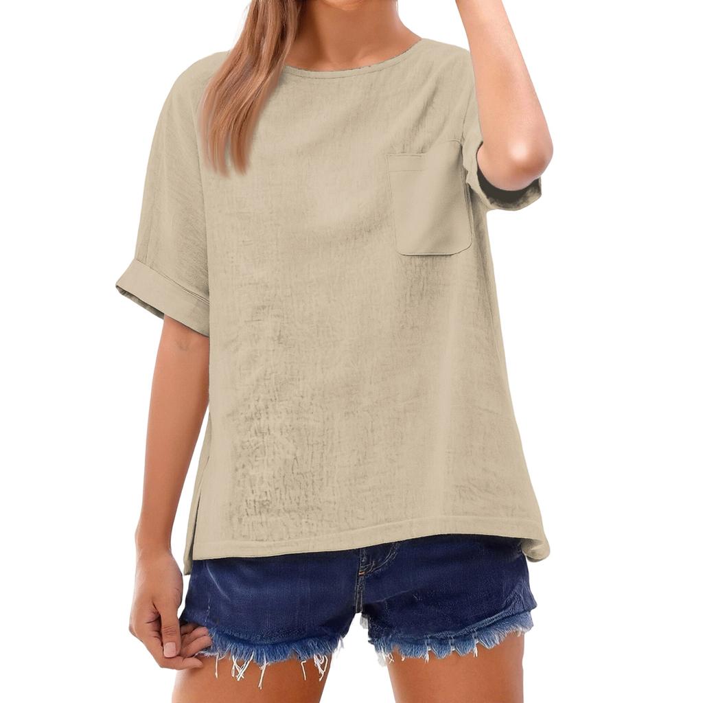 Fashionable Color Short Sleeve T-Shirt With Pocket Design, Fashionable Round Neck Lightweight Top For Women